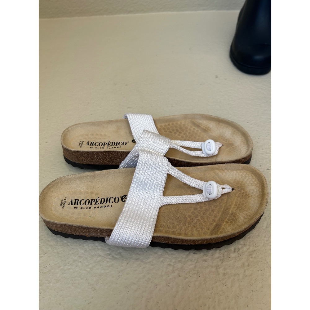 Arcopedico Vega White Woven Stretch Thong Sandals Womens 38 Portugal Comfort - Picture 2 of 4